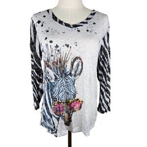 Carine Zebra Print Top Medium With Sunglasses Design & Striped Sleeves